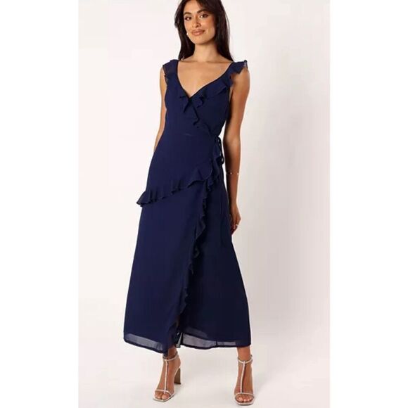 Petal & Pup Marshall Wrap Sheer Ruffle Maxi Dress - Navy Nwot Small - Picture 1 of 7